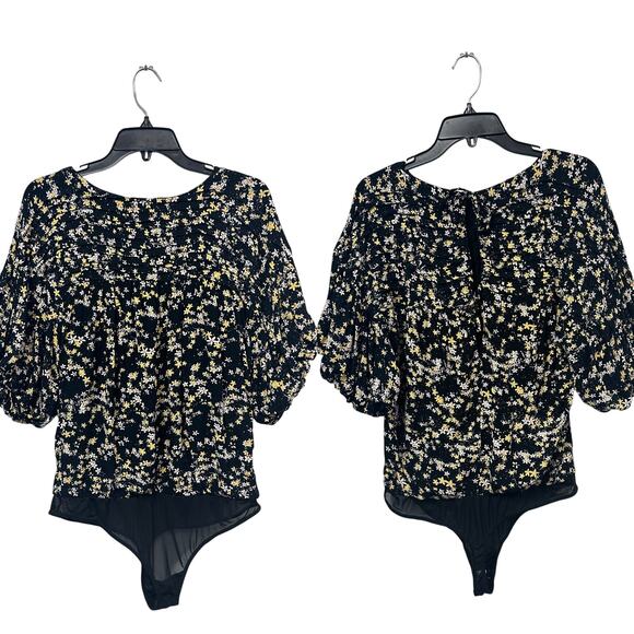 Free People Tops - Free People Intimately Dessa Ditsy Floral Black Yellow Puff Sleeve Bodysuit Boho
